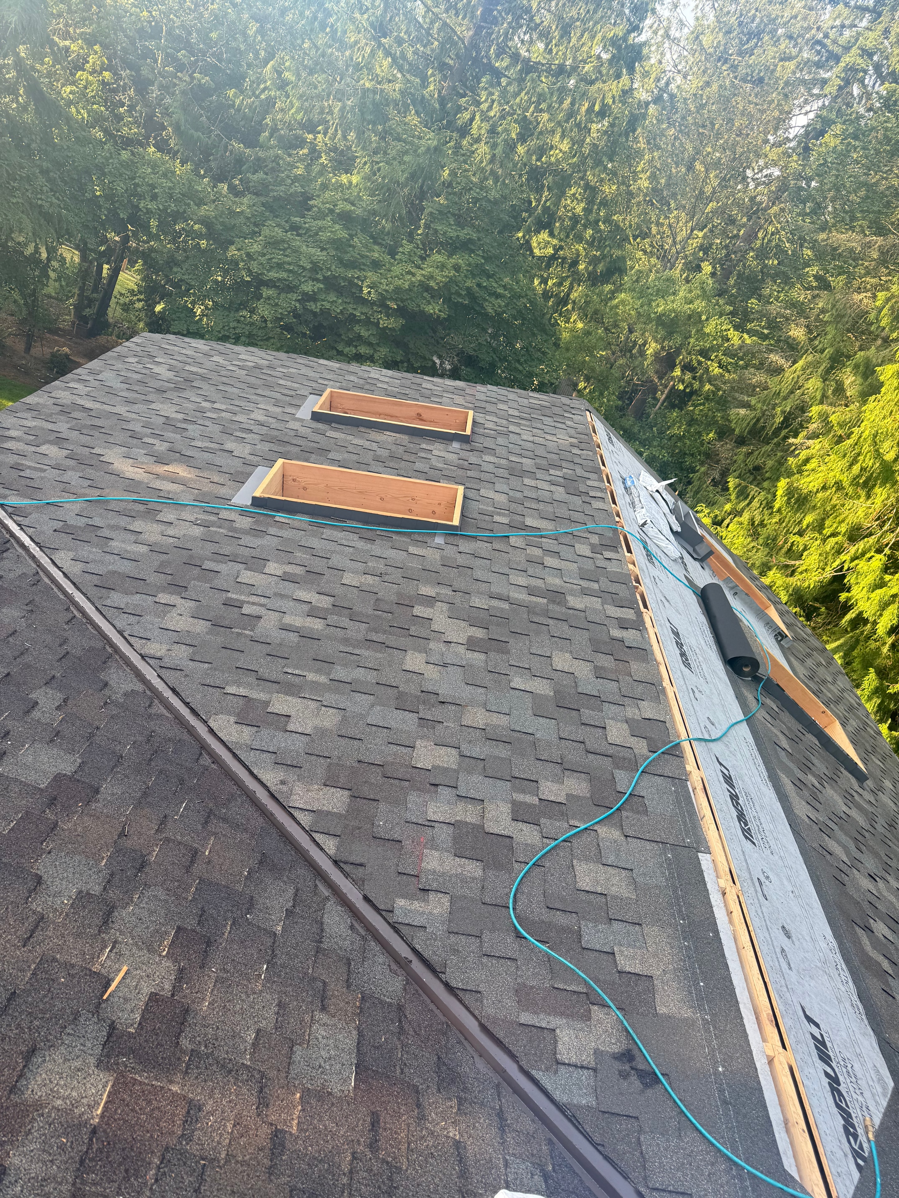 Residential roof with new shingles and two skylight openings framed in fresh lumber, TRI-BUILT underlayment visible, forest backdrop